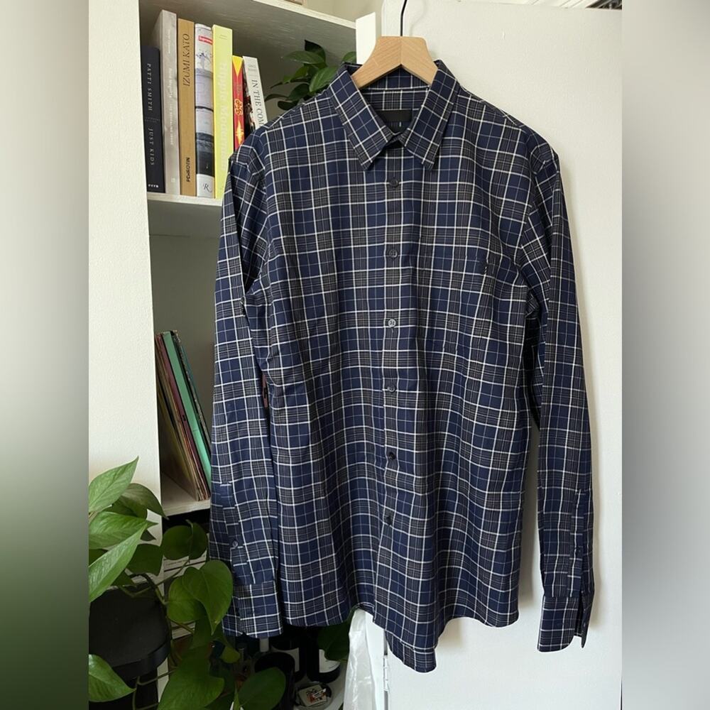 Alexander McQueen Windowpane Check Shirt Navy Long Sleeve Button Up Size 50